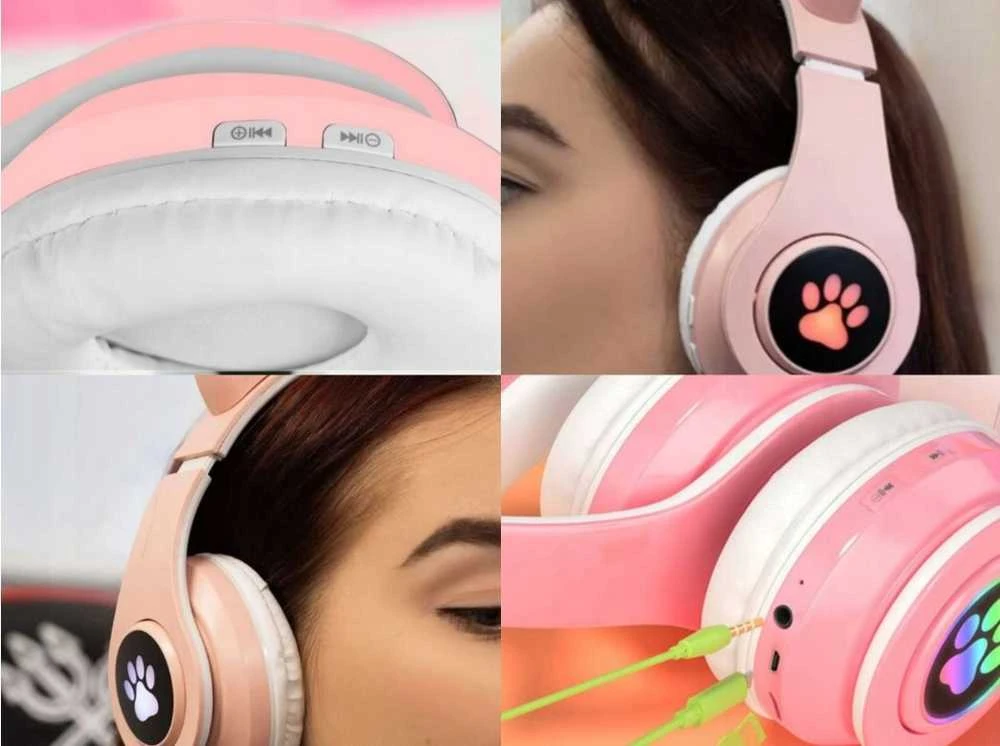 Šviečiančios belaidės ausinės su katės ausimis, LED ir Bluetooth