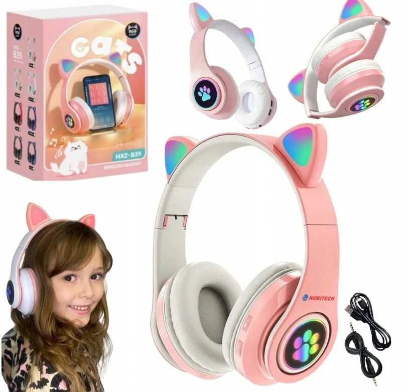 Šviečiančios belaidės ausinės su katės ausimis, LED ir Bluetooth