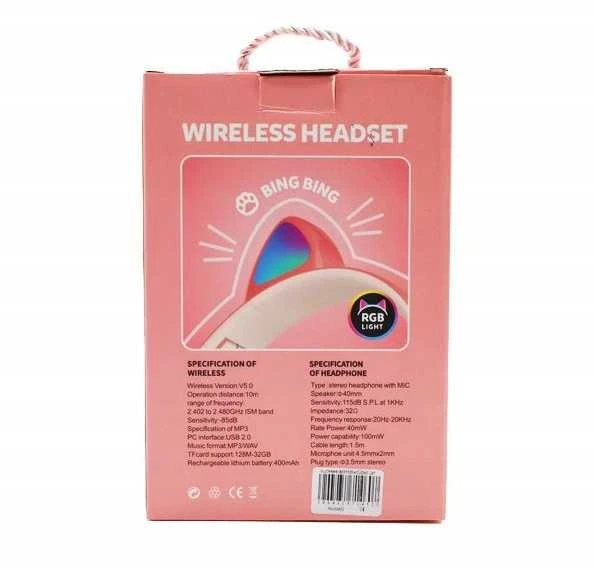 Šviečiančios belaidės ausinės su katės ausimis, LED ir Bluetooth