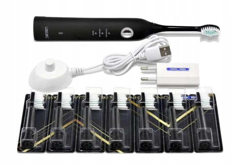 Dantų šepetėlis TECH-MED sonic šepetėlis – juodas, 3 režimai, net 8 antgaliai komplekte