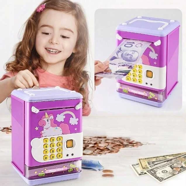 Vaikiška elektroninė taupyklė–seifas su PIN kodu banknotams ir monetoms