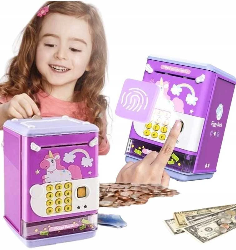 Vaikiška elektroninė taupyklė–seifas su PIN kodu banknotams ir monetoms