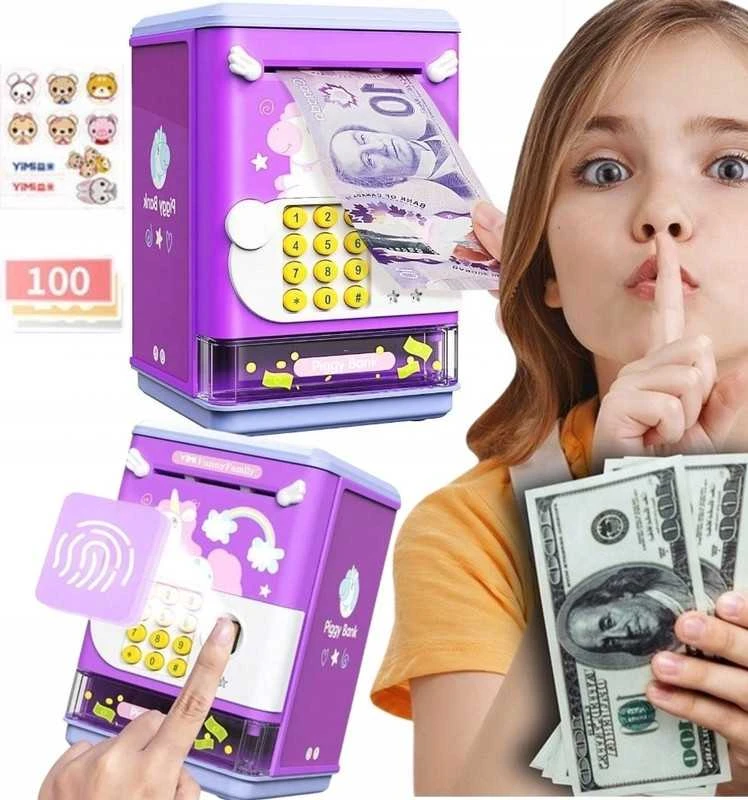 Vaikiška elektroninė taupyklė–seifas su PIN kodu banknotams ir monetoms