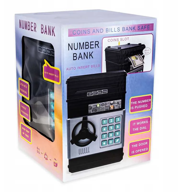 Vaikiška taupyklė–seifas ATM su PIN kodu monetoms ir banknotams, mėlyna