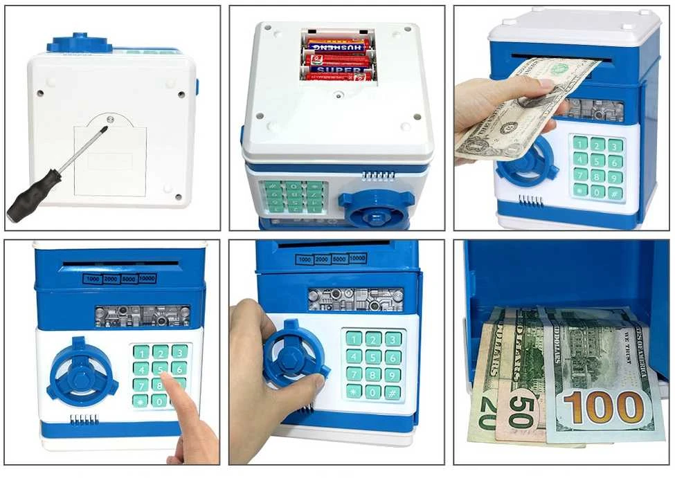 Vaikiška taupyklė–seifas ATM su PIN kodu monetoms ir banknotams, mėlyna