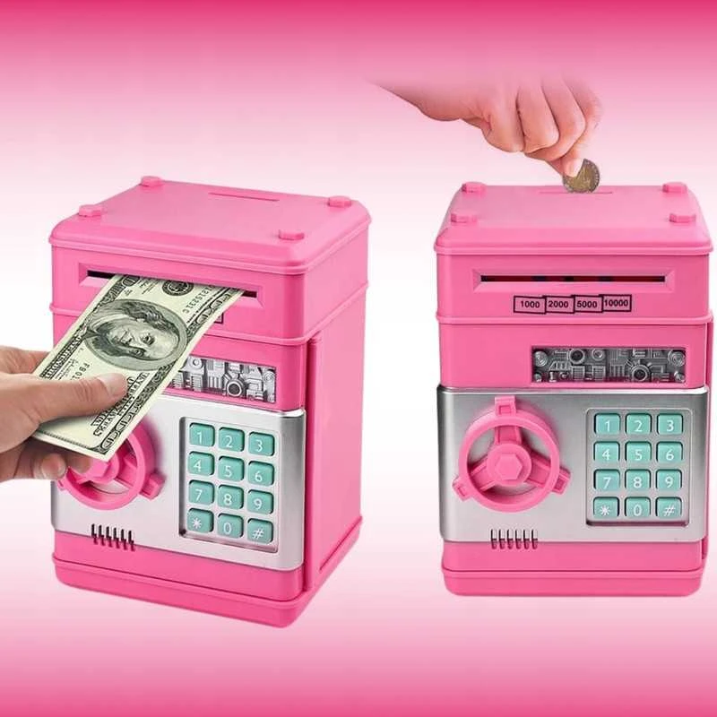 Vaikiška taupyklė–seifas ATM su prieigos kodu, rožinė