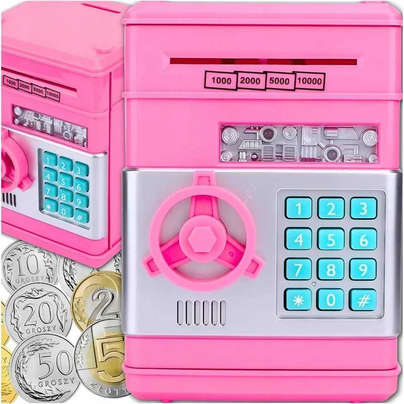 Vaikiška taupyklė–seifas ATM su prieigos kodu, rožinė