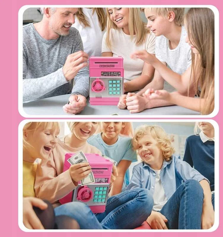 Vaikiška taupyklė–seifas ATM su prieigos kodu, rožinė