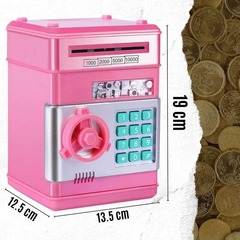 Vaikiška taupyklė–seifas ATM su prieigos kodu, rožinė