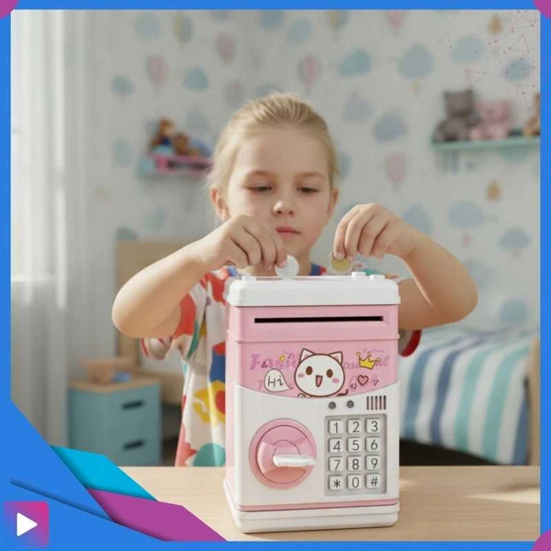 Vaikiška taupyklė–seifas „ATM“ su raktu ir garsu, rožinė