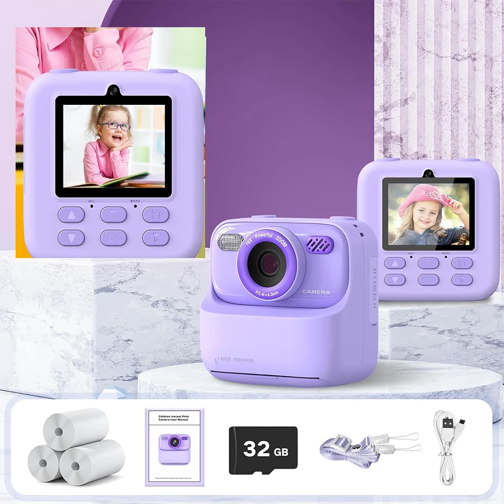 Vaikiškas momentinio spausdinimo fotoaparatas, 32 GB