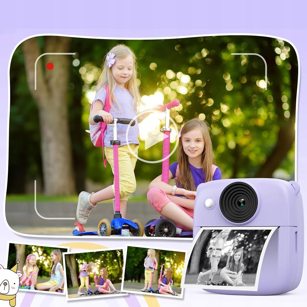 Vaikiškas momentinis fotoaparatas su spausdintuvu, violetinis