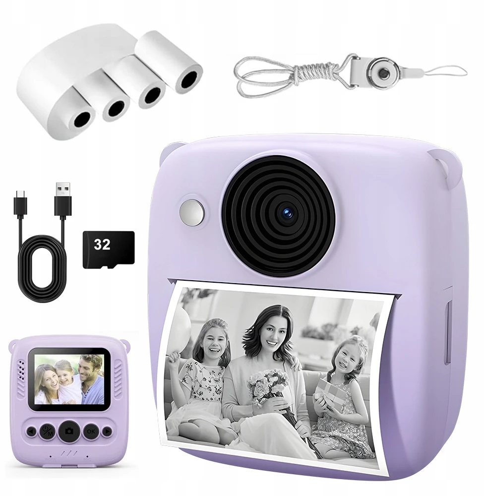 Vaikiškas momentinis fotoaparatas su spausdintuvu, violetinis