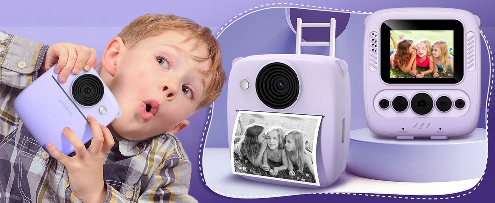 Vaikiškas momentinis fotoaparatas su spausdintuvu, violetinis