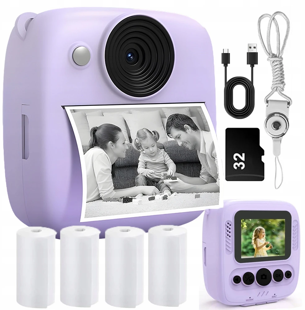 Vaikiškas momentinis fotoaparatas su spausdintuvu, violetinis