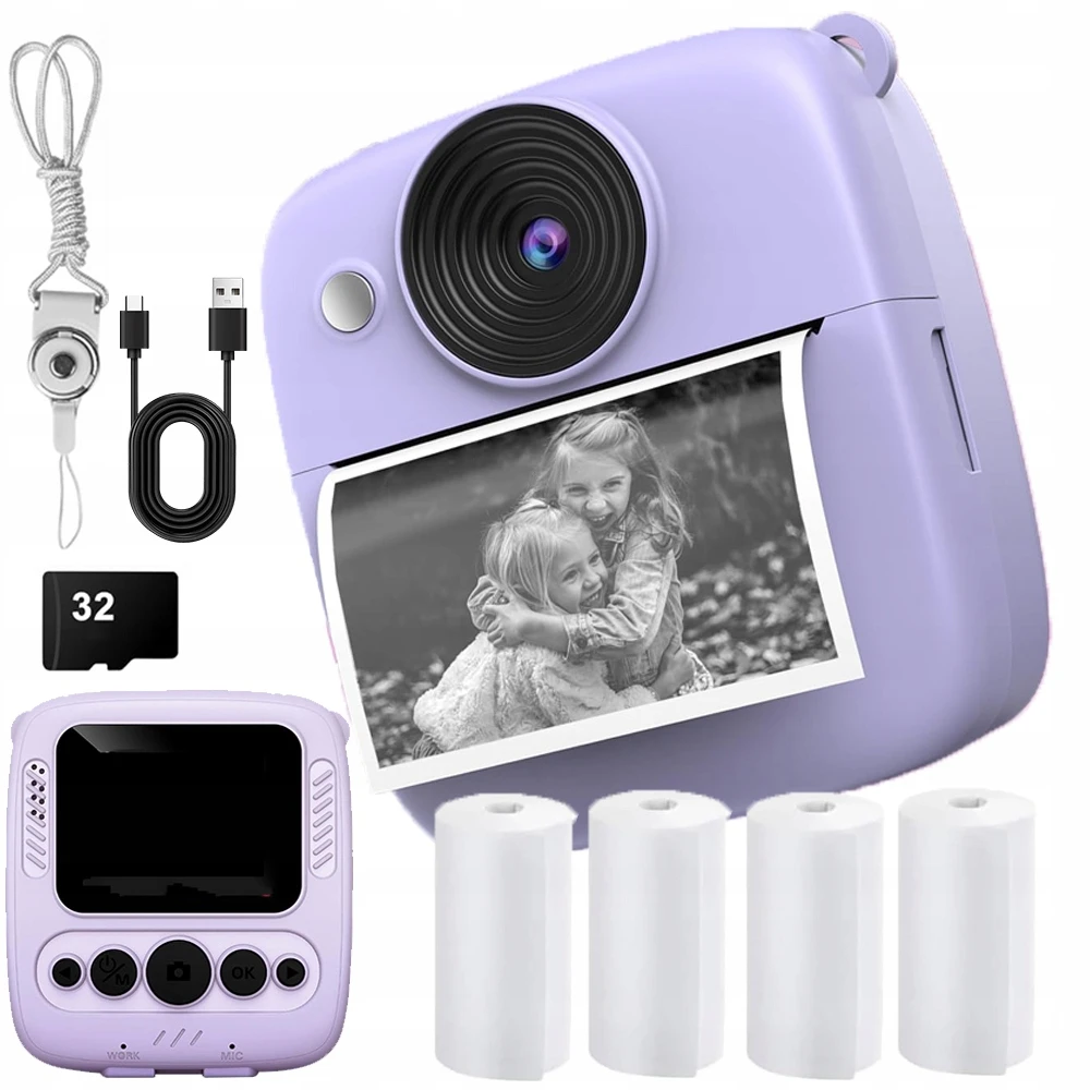 Vaikiškas momentinis fotoaparatas su spausdintuvu, violetinis