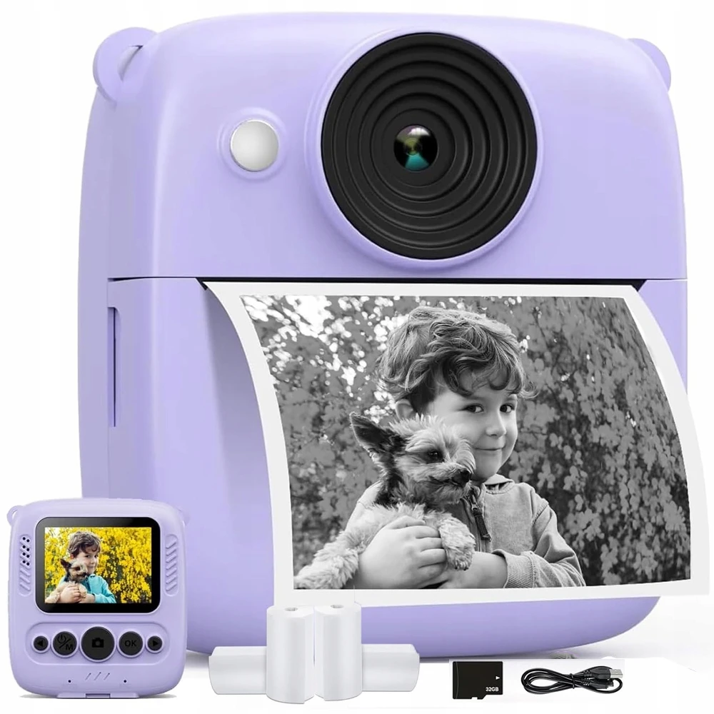 Vaikiškas momentinis fotoaparatas su spausdintuvu, violetinis