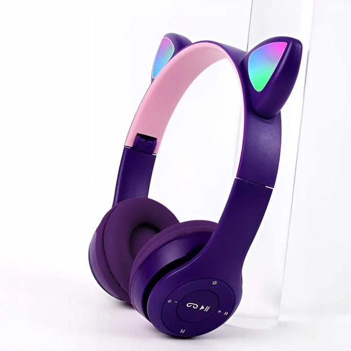 Vaikiškos belaidės Bluetooth on-ear ausinės su katės ausimis ir RGB LED