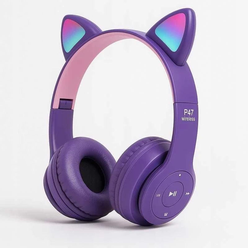 Vaikiškos belaidės Bluetooth on-ear ausinės su katės ausimis ir RGB LED