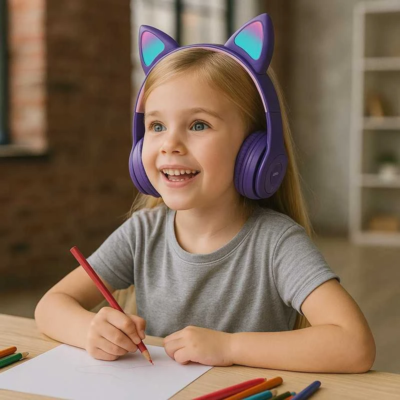 Vaikiškos belaidės Bluetooth on-ear ausinės su katės ausimis ir RGB LED