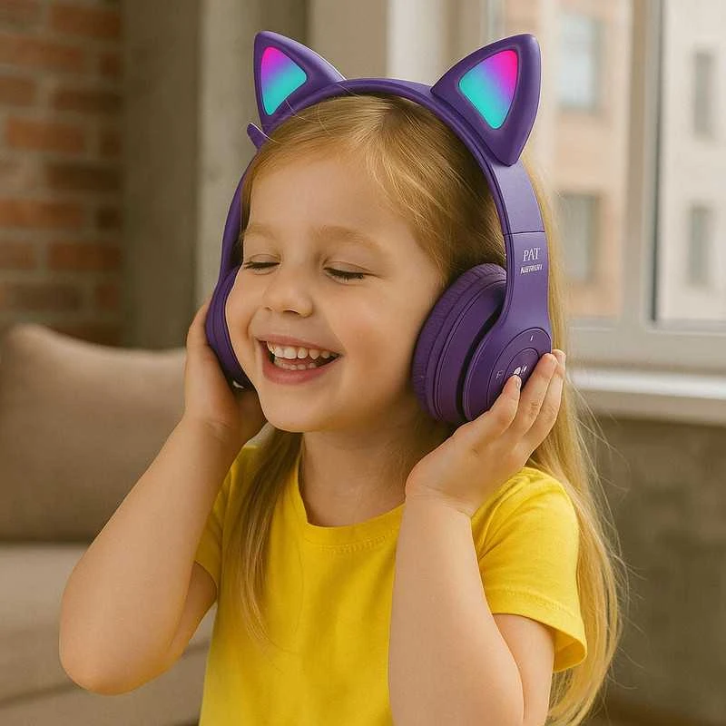 Vaikiškos belaidės Bluetooth on-ear ausinės su katės ausimis ir RGB LED