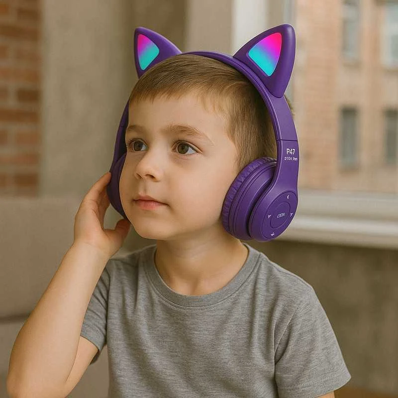Vaikiškos belaidės Bluetooth on-ear ausinės su katės ausimis ir RGB LED
