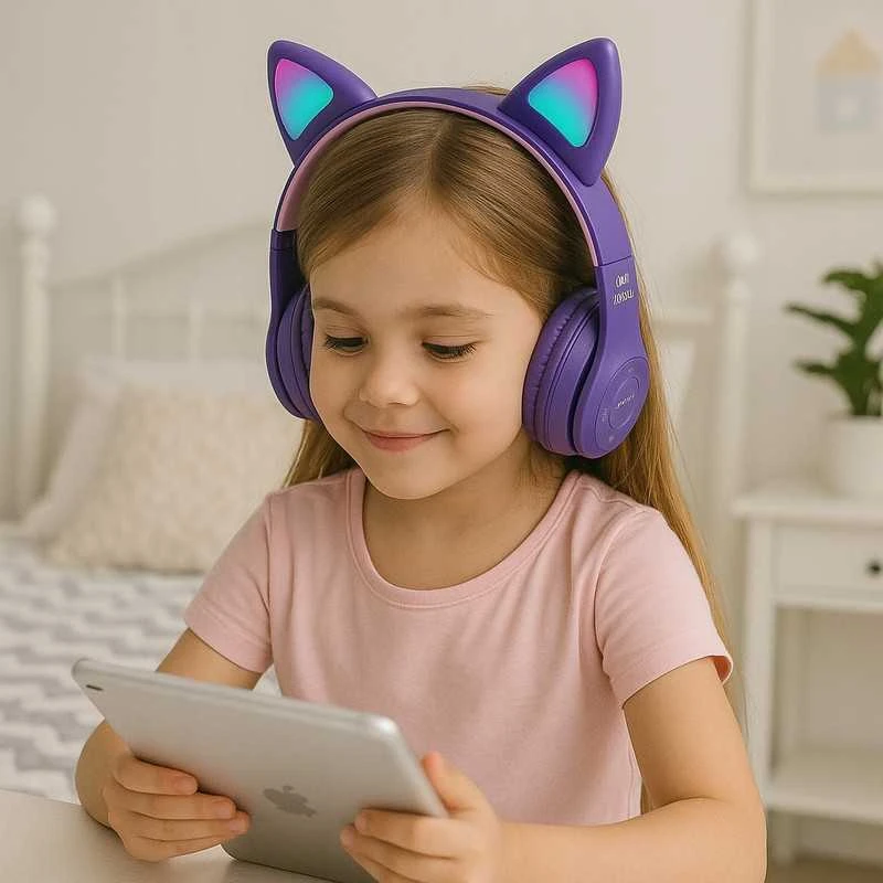 Vaikiškos belaidės Bluetooth on-ear ausinės su katės ausimis ir RGB LED