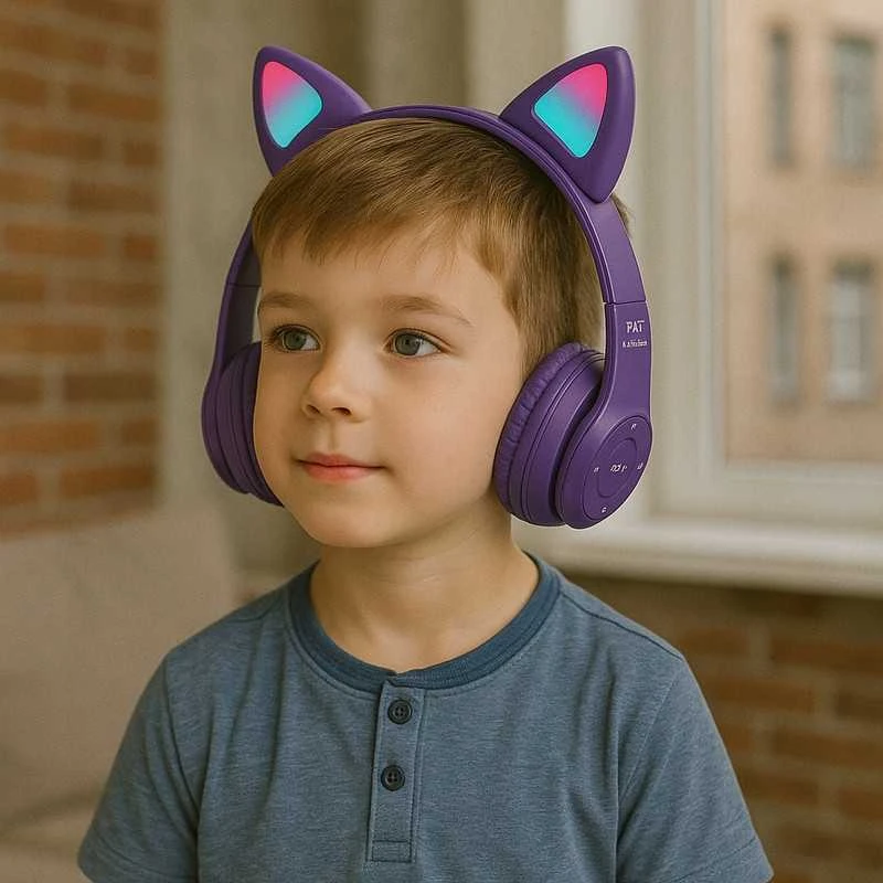 Vaikiškos belaidės Bluetooth on-ear ausinės su katės ausimis ir RGB LED