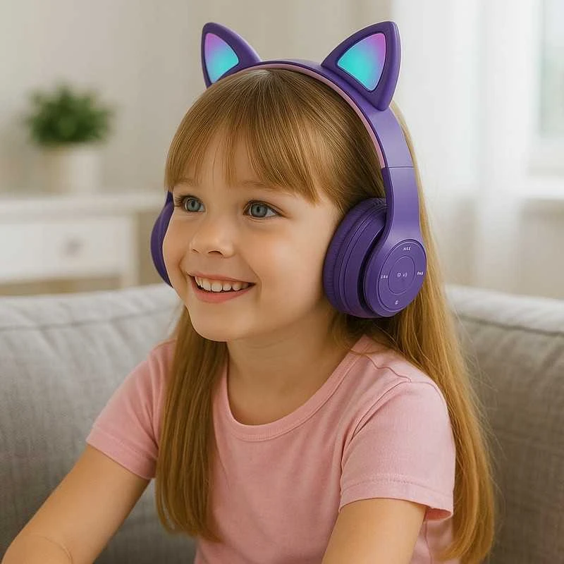 Vaikiškos belaidės Bluetooth on-ear ausinės su katės ausimis ir RGB LED