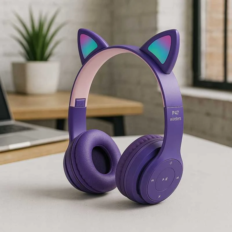 Vaikiškos belaidės Bluetooth on-ear ausinės su katės ausimis ir RGB LED