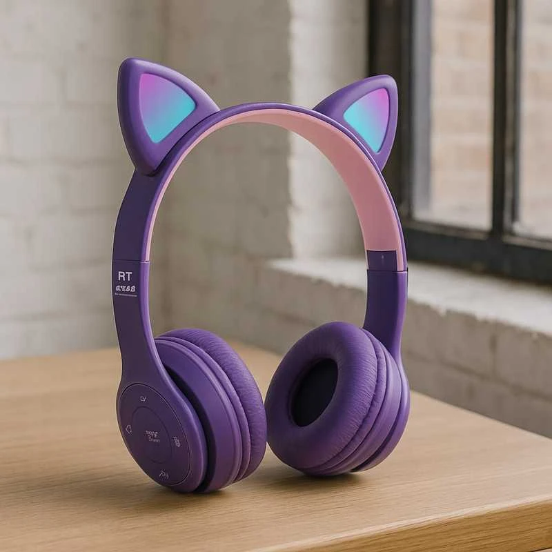 Vaikiškos belaidės Bluetooth on-ear ausinės su katės ausimis ir RGB LED