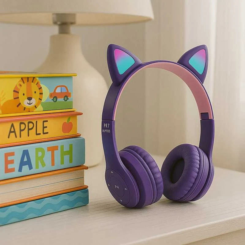 Vaikiškos belaidės Bluetooth on-ear ausinės su katės ausimis ir RGB LED