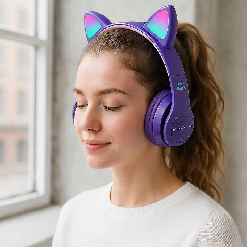 Vaikiškos belaidės Bluetooth on-ear ausinės su katės ausimis ir RGB LED