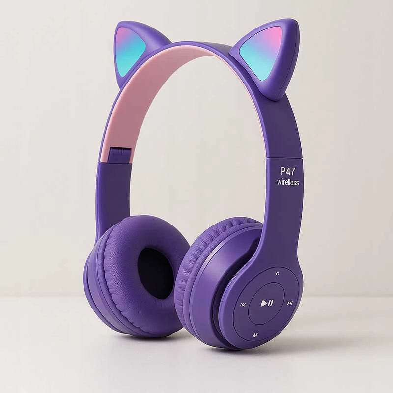 Vaikiškos belaidės Bluetooth on-ear ausinės su katės ausimis ir RGB LED