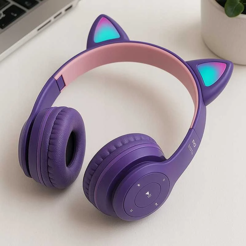Vaikiškos belaidės Bluetooth on-ear ausinės su katės ausimis ir RGB LED