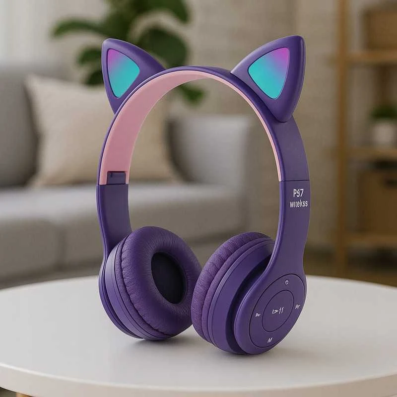 Vaikiškos belaidės Bluetooth on-ear ausinės su katės ausimis ir RGB LED