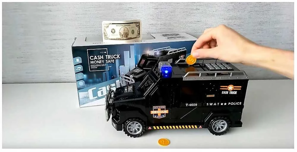 Vaikų didelė taupyklė–bankomatas su slaptažodžiu monetoms ir kupiūroms