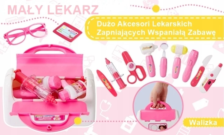 Žaislinis gydytojo rinkinys lagamine, 16 dalių, rožinis