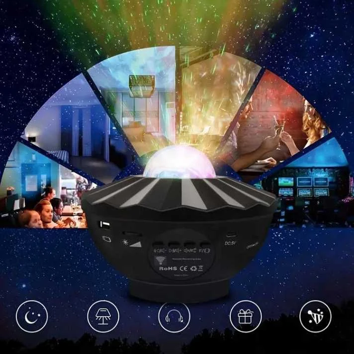 Žvaigždžių projektorius su LED naktine lempa, „Bluetooth“ garsiakalbiu ir pulteliu