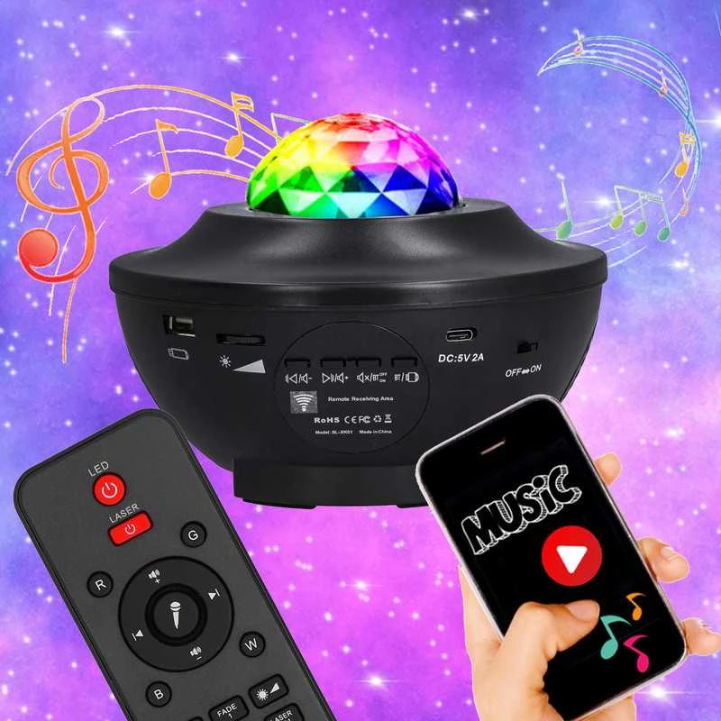 Žvaigždžių projektorius su LED naktine lempa, „Bluetooth“ garsiakalbiu ir pulteliu