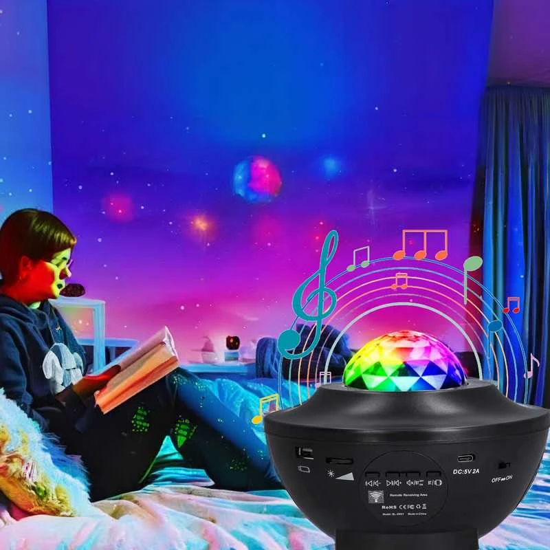 Žvaigždžių projektorius su LED naktine lempa, „Bluetooth“ garsiakalbiu ir pulteliu