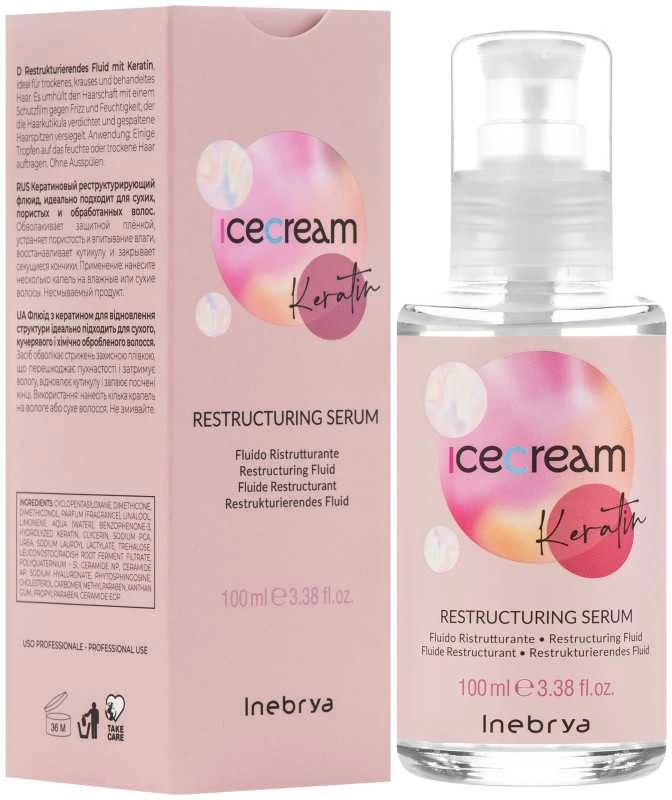 Inebrya Ice Kreminis Keratin Restructuring Serum atstatomasis plaukų serumas su keratinu, 100 ml