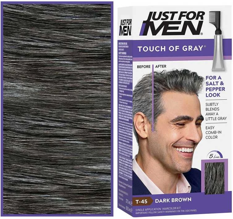 Just For Men dažų pakuotė su rezultato pavyzdžiu