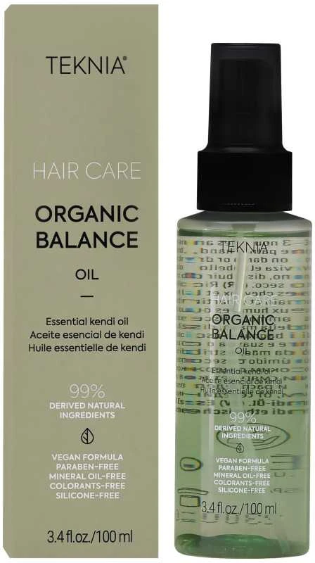 Lakme Teknia Organic Balance aliejaus pakuotė ir buteliukas