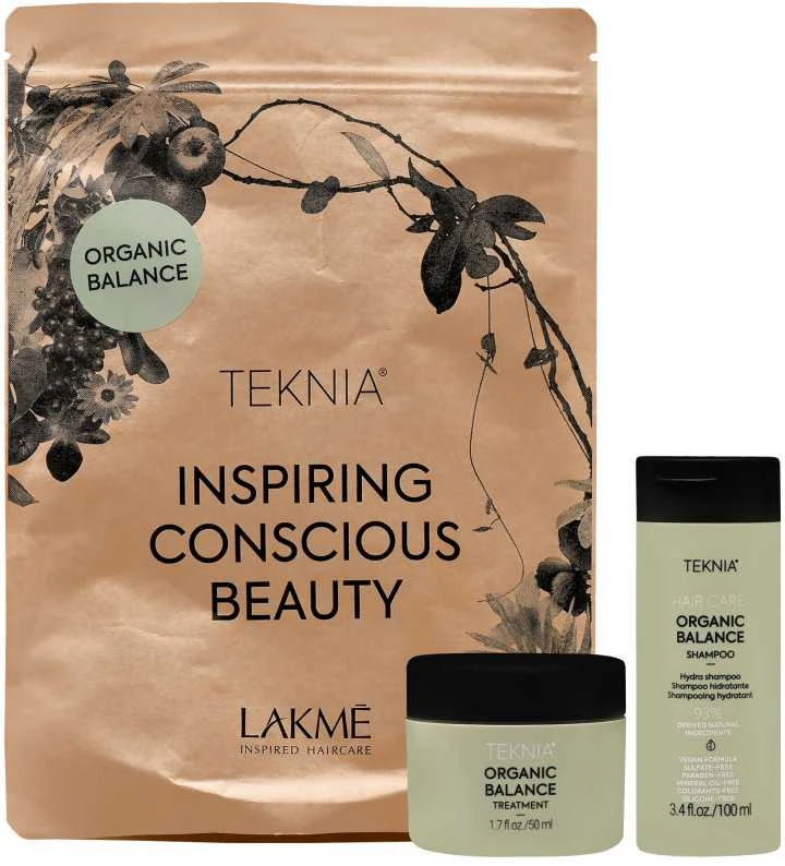 „Lakme Teknia“ kelioninis rinkinys „Organic Balance“: šampūnas, 100 ml + priemonės, 100 ml