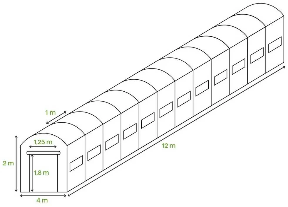 Arkinio šiltnamio plėvelė, žalia, 12 sekcijų, dvigubos durys, 4x12x2 m (48 m2)