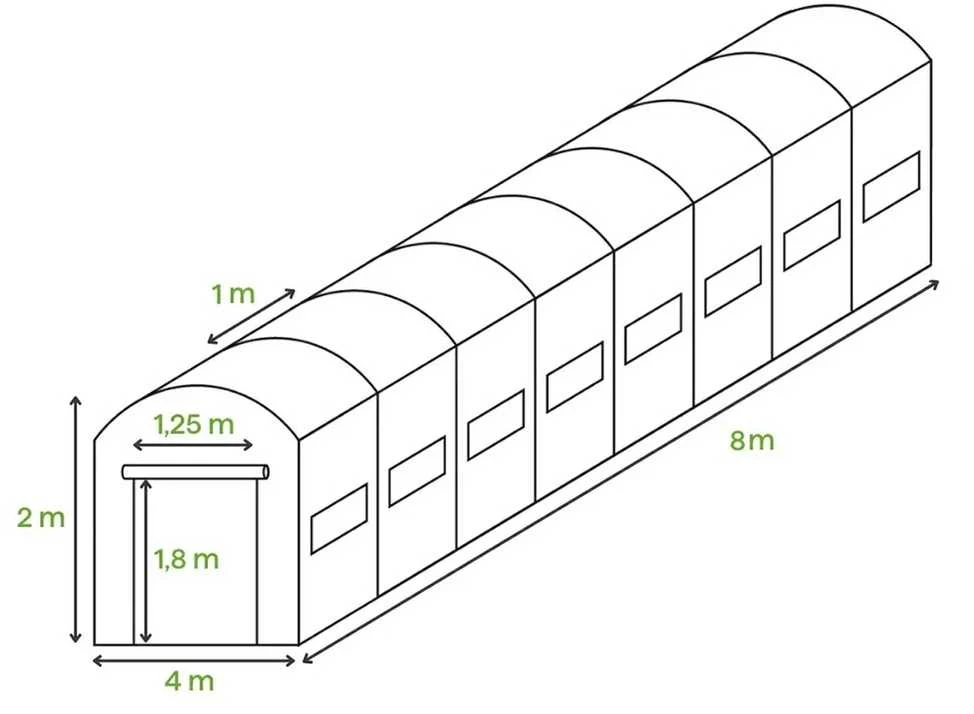 Arkinio šiltnamio plėvelė, žalia, 8 sekcijos, dvigubos durys, 4x8x2 m (32 m2)