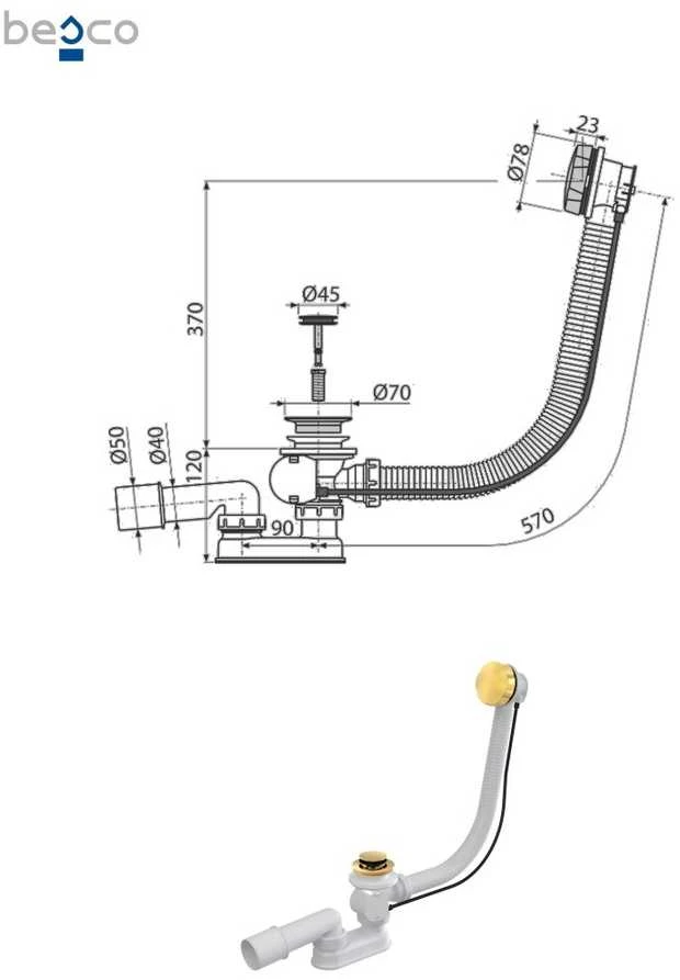 Automatinis vonios sifonas su persipylimu Besco, Gold