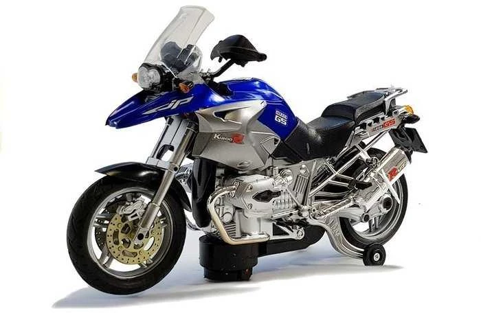 Baterijomis varomas motociklas su žibintais ir garsais, mėlynas