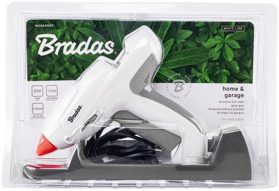 Belaidis karštų klijų pistoletas su stovu Bradas Baltas LINE, 11 mm, 35W